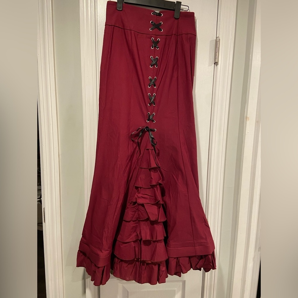 Belle Poque NWT Burgundy Lace-Up Maxi Skirt Victorian Gothic Steampunk Corset S